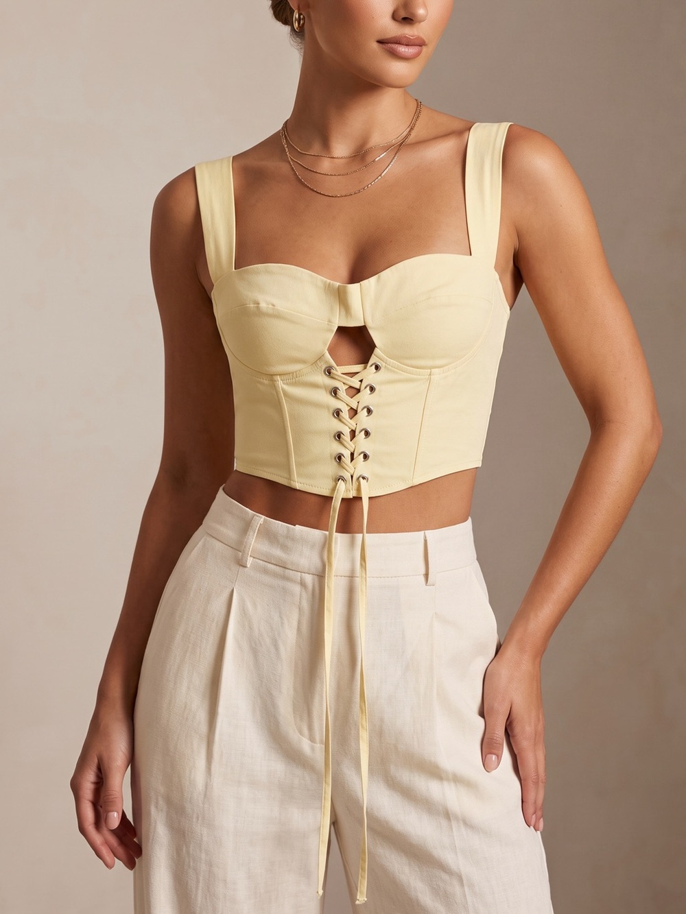 PrettyLittleThing Yellow Lace Up Corset Crop Top Size 4